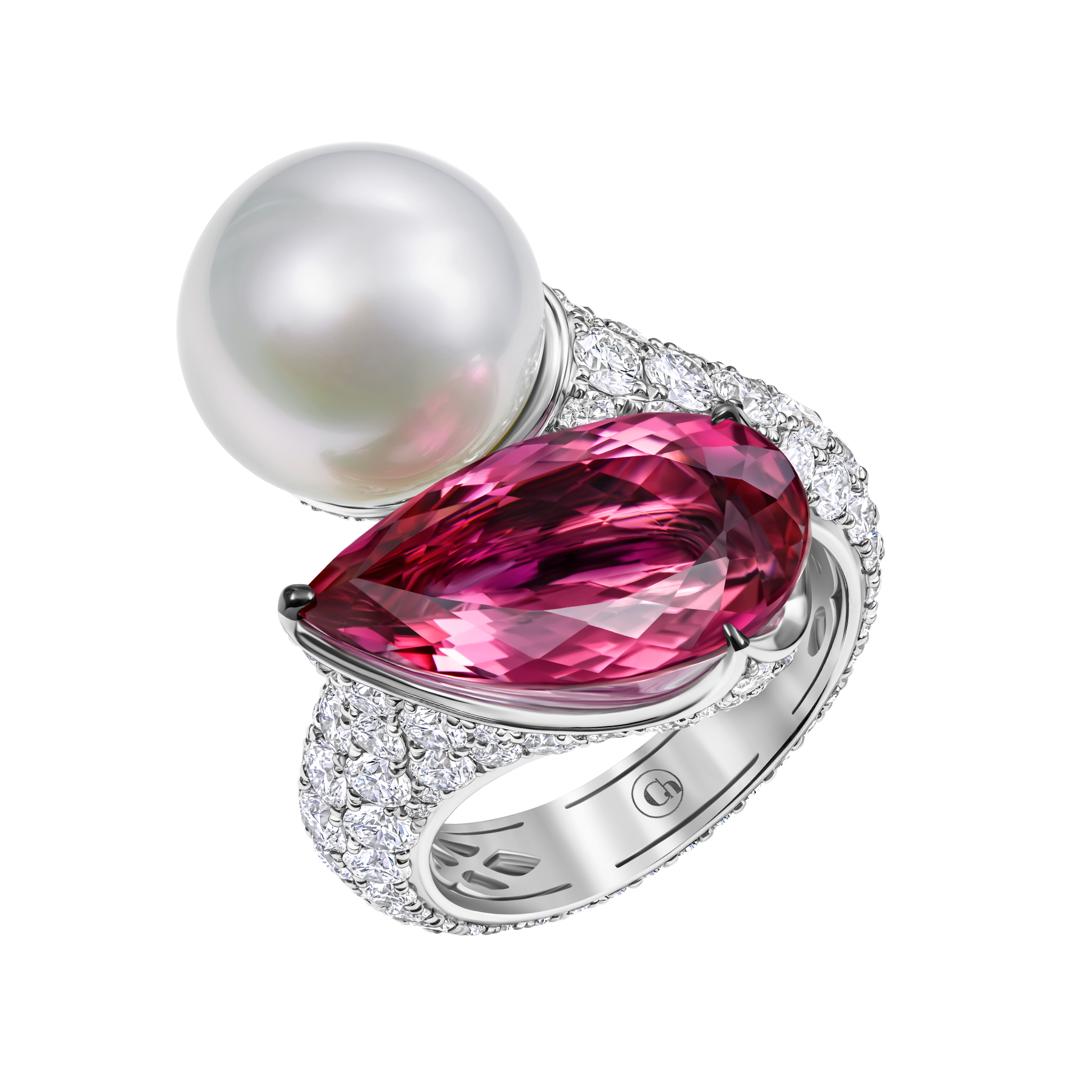 Кольцо с турмалином рубеллитом, жемчугом и бриллиантами, белое золото
