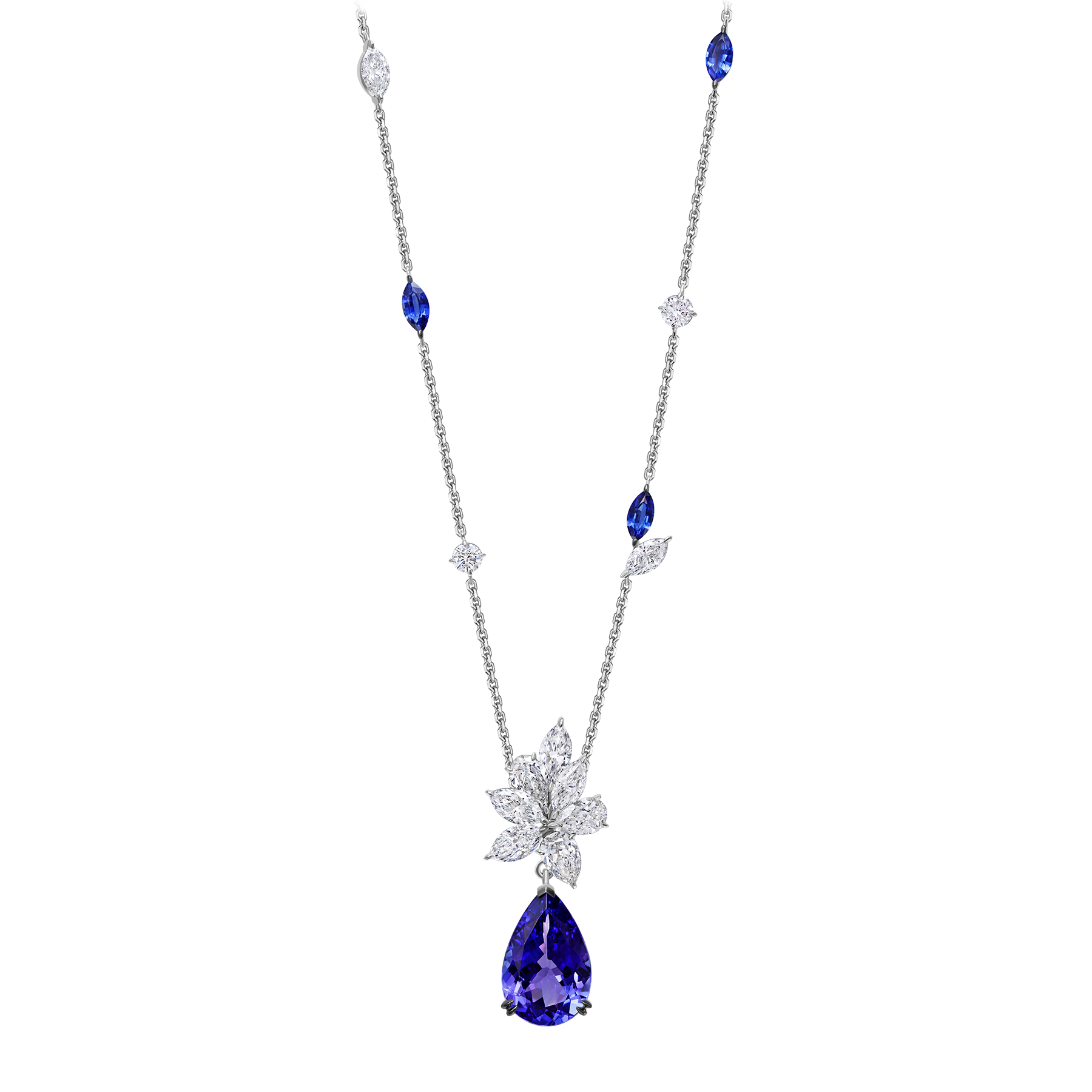 Колье с танзанитом, сапфирами и бриллиантами, белое золото