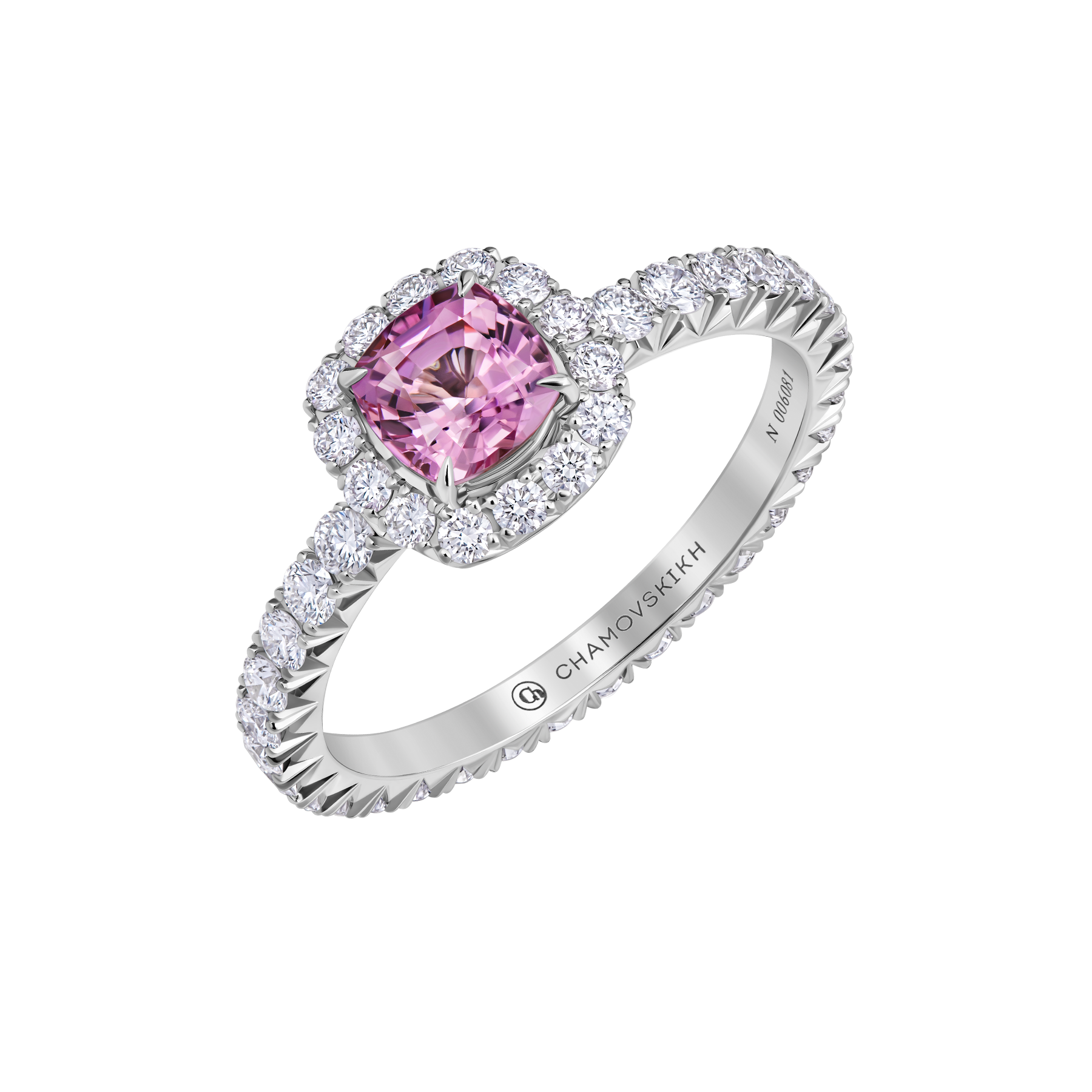 Кольцо с розовым сапфиром и бриллиантами, белое золото