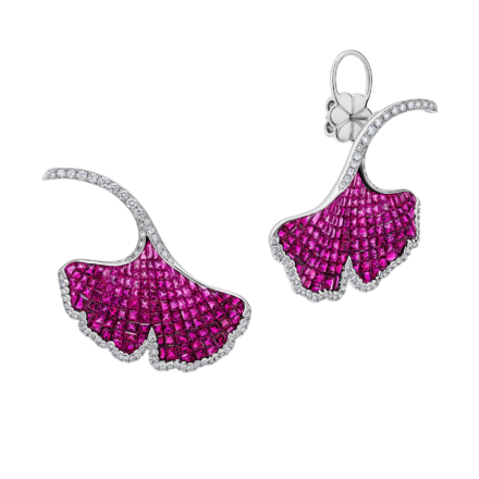 Серьги с рубинами, розовыми сапфирами и бриллиантами, белое золото 1