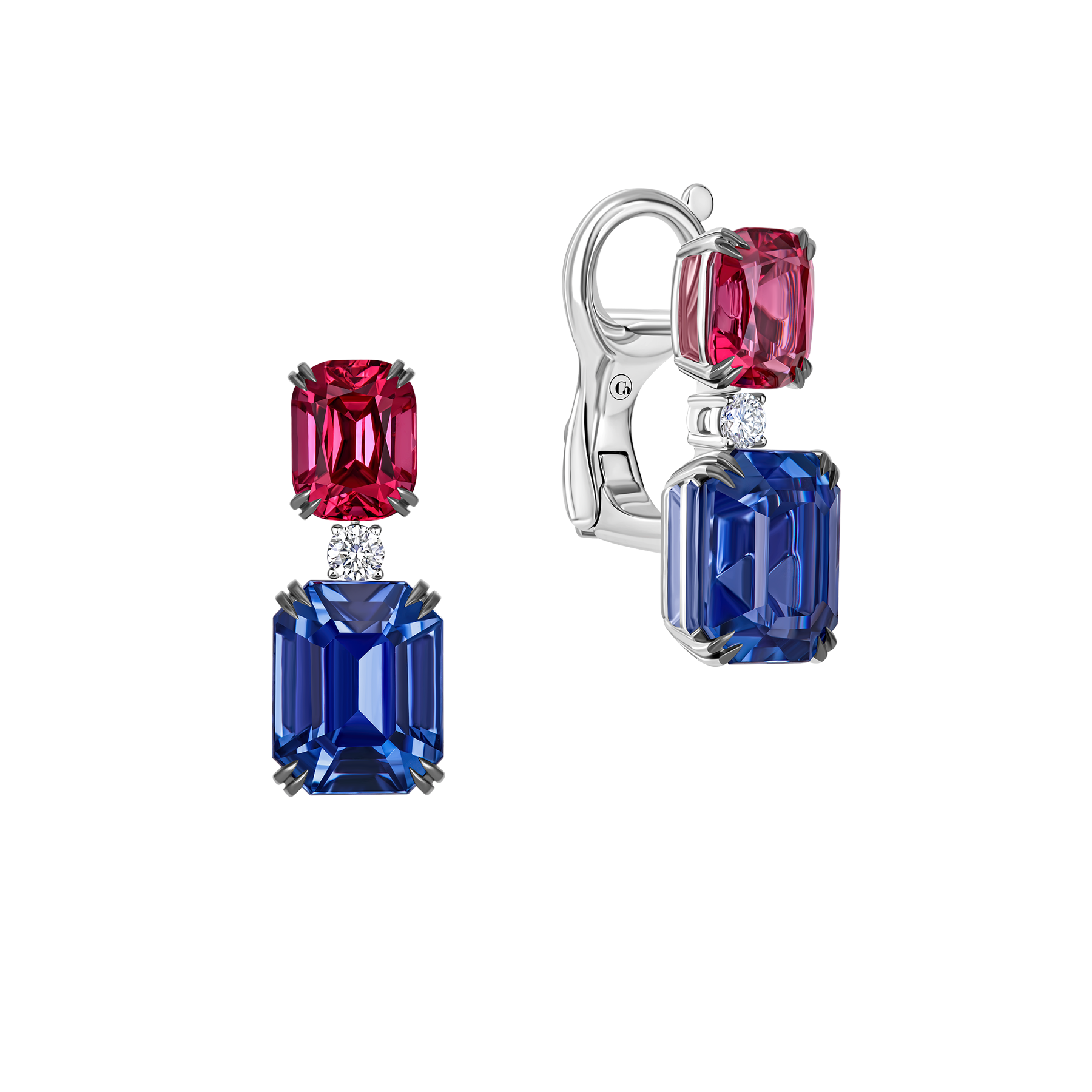 Серьги с сапфирами, шпинелью и бриллиантами, белое золото