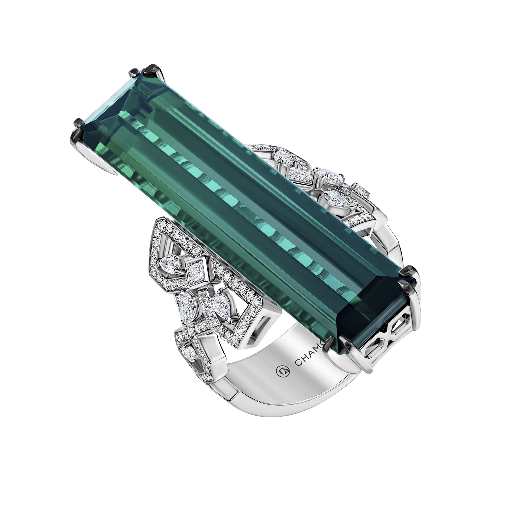 Кольцо с турмалином индиголитом и бриллиантами, белое золото