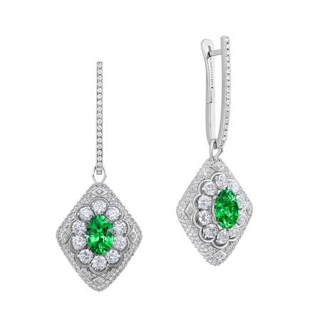 Серьги с тсаворитами и бриллиантами, белое золото 1