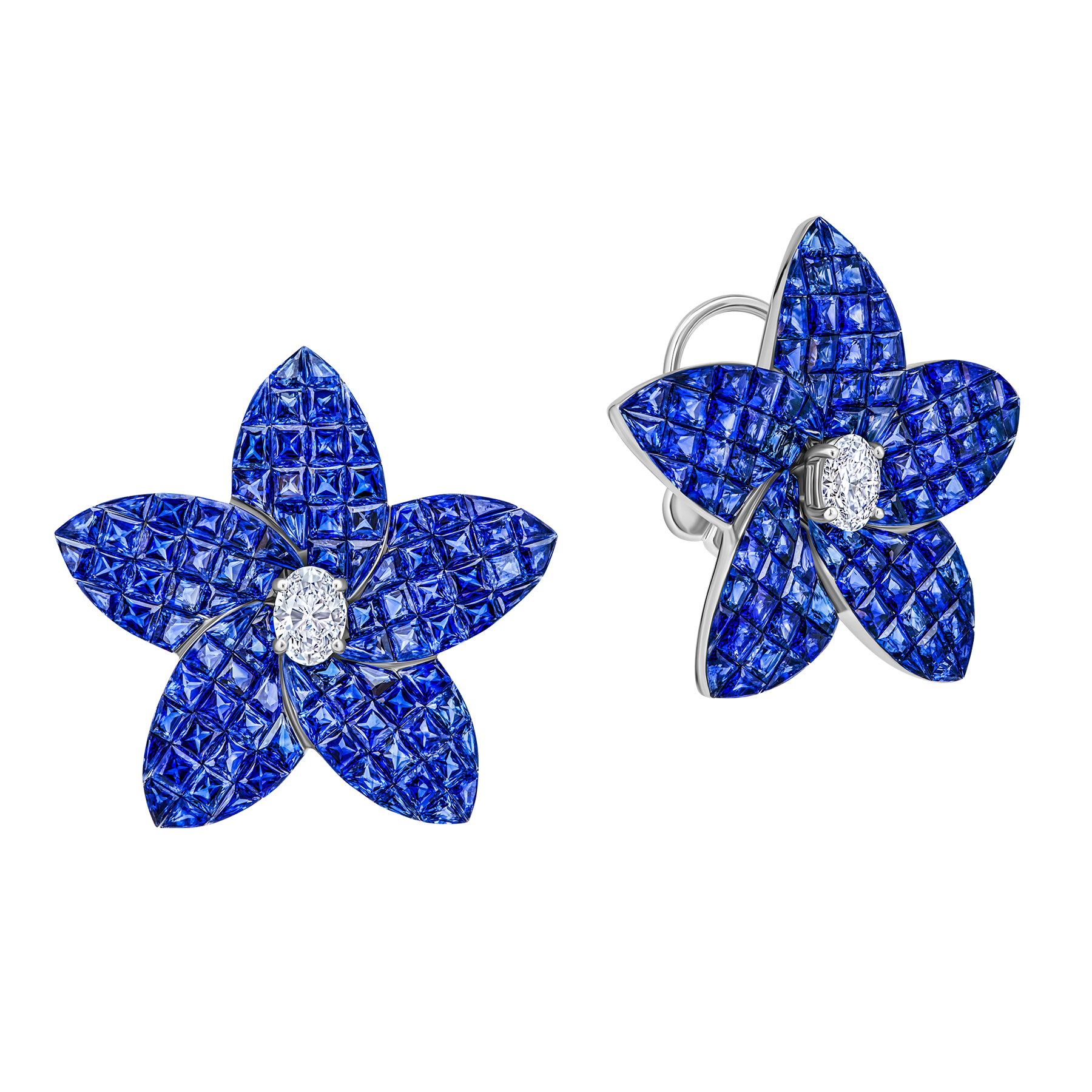 Пусеты с сапфирами и бриллиантами, белое золото