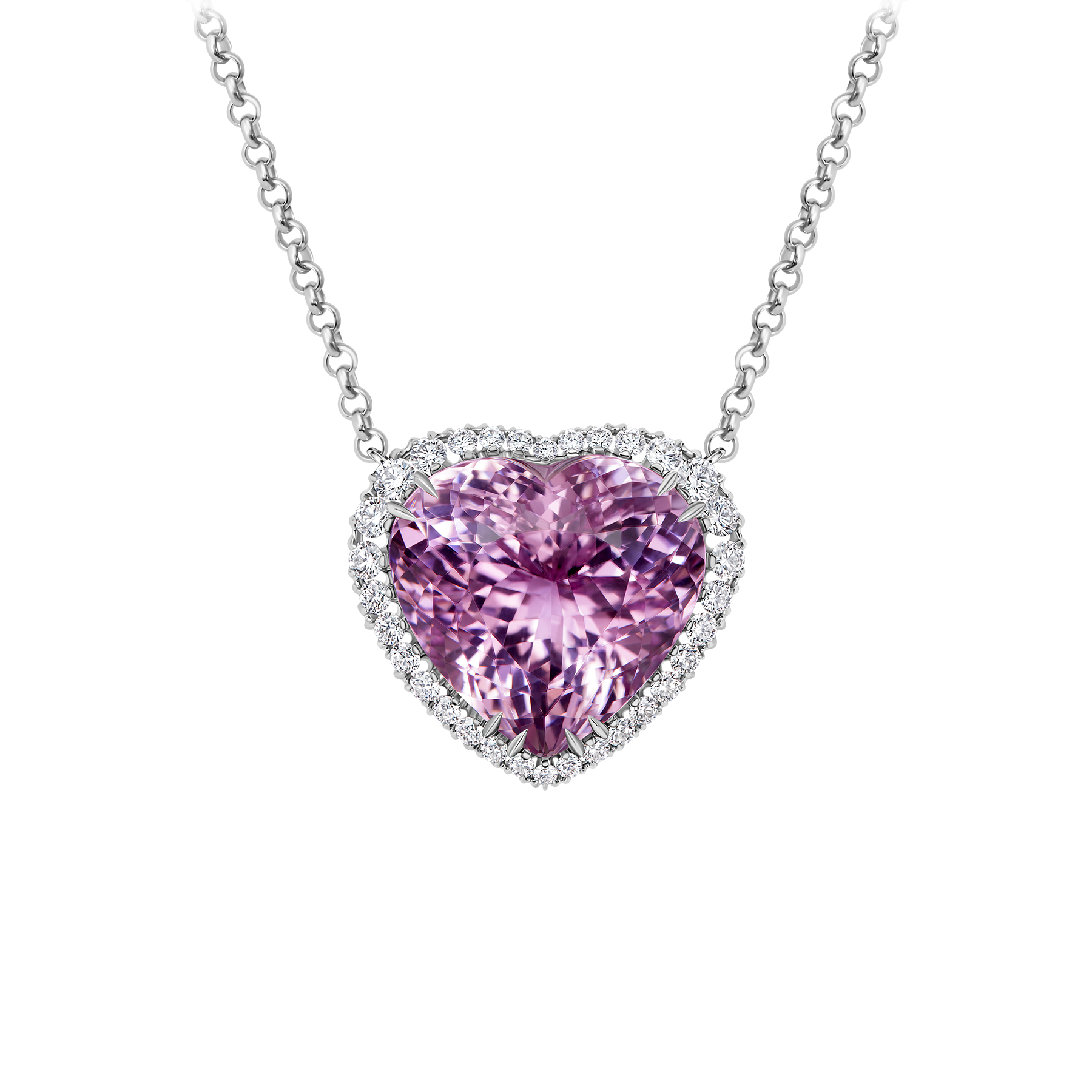 Колье с кунцитом и бриллиантами, белое золото