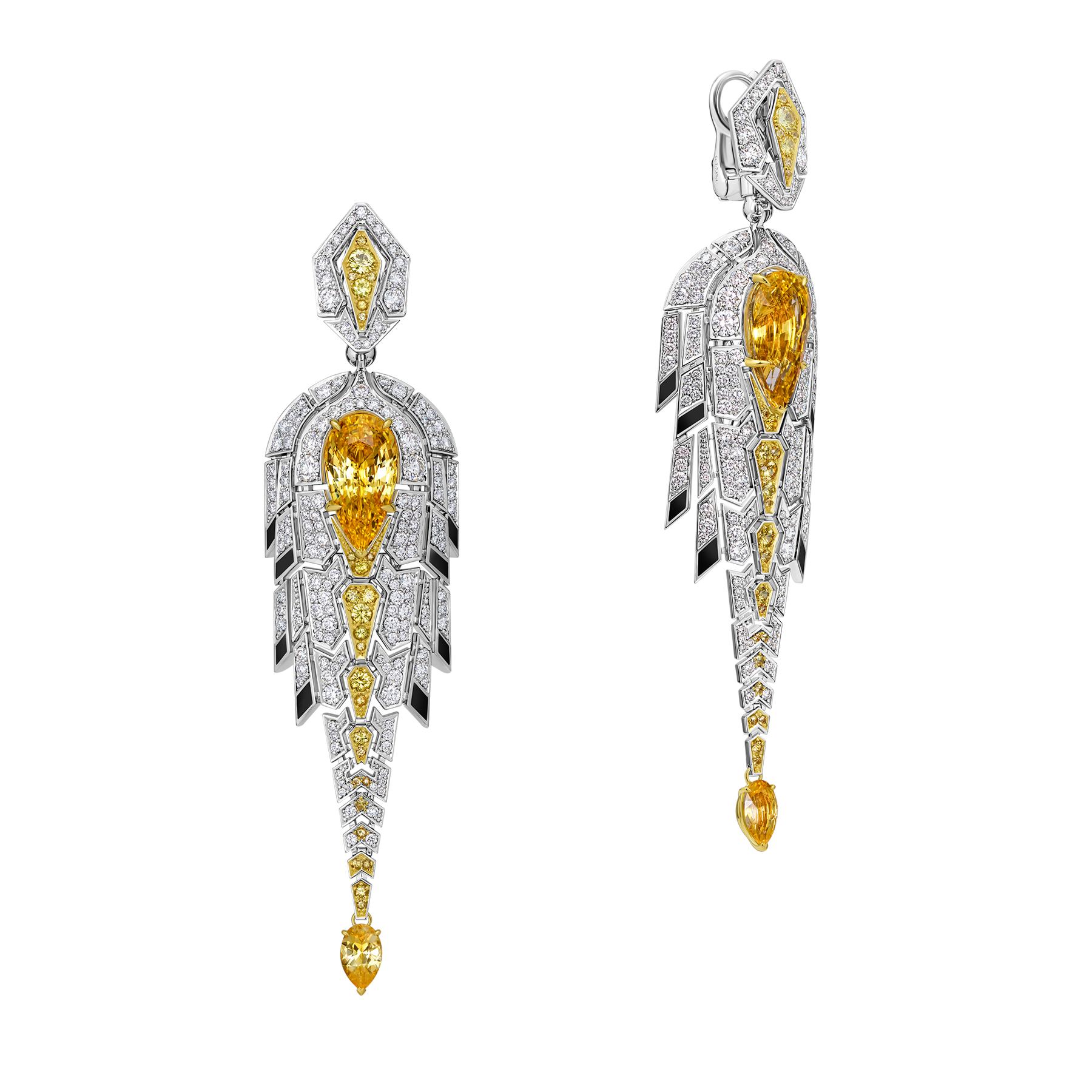 Серьги с желтыми сапфирами и бриллиантами, белое золото, н. керамика