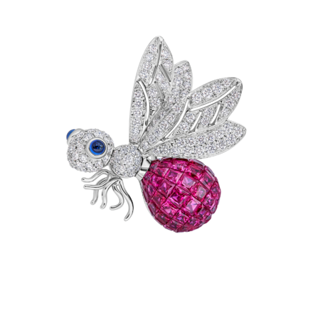 Брошь с рубинами, сапфирами и бриллиантами, белое золото 1
