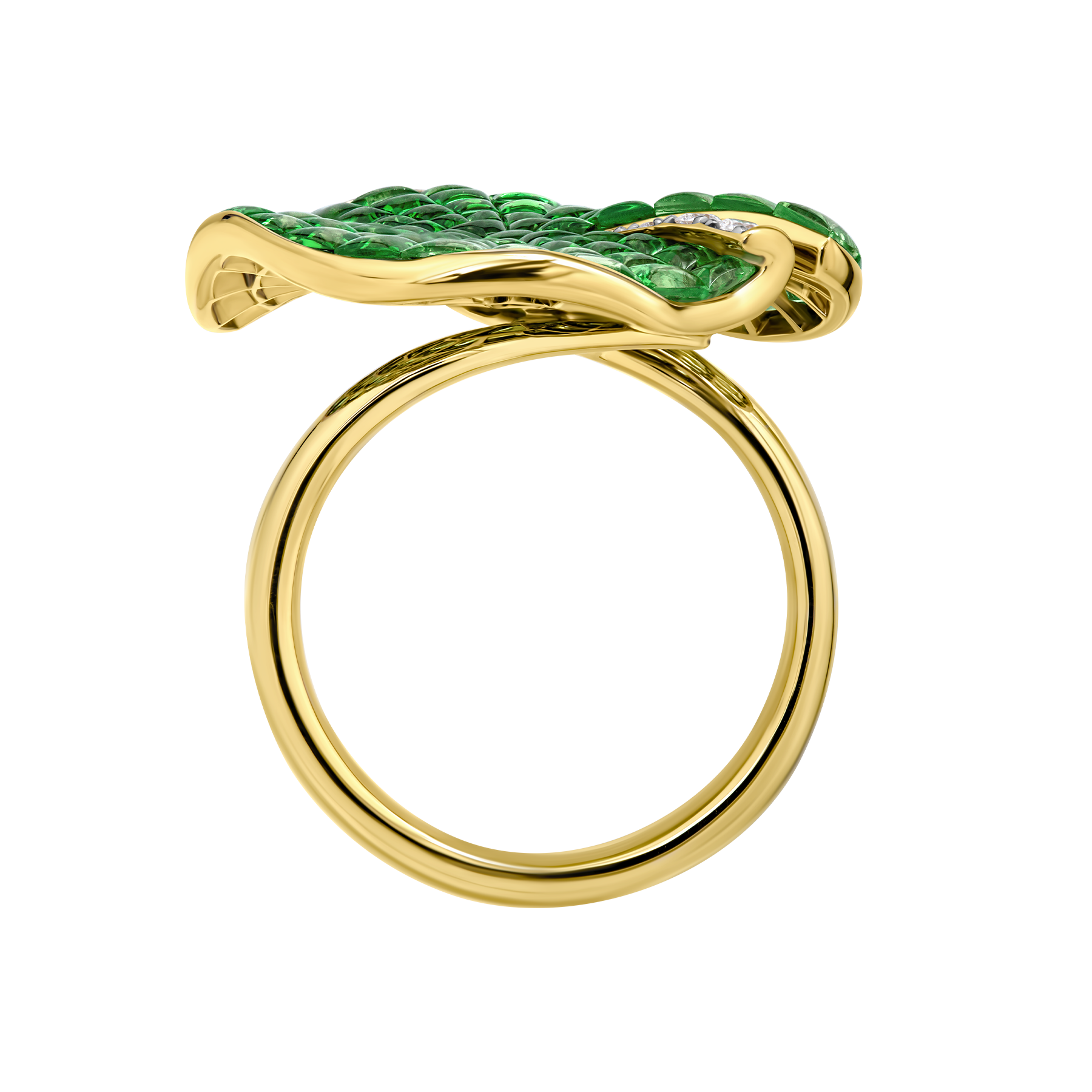 Кольцо с тсаворитами и бриллиантами, желтое золото