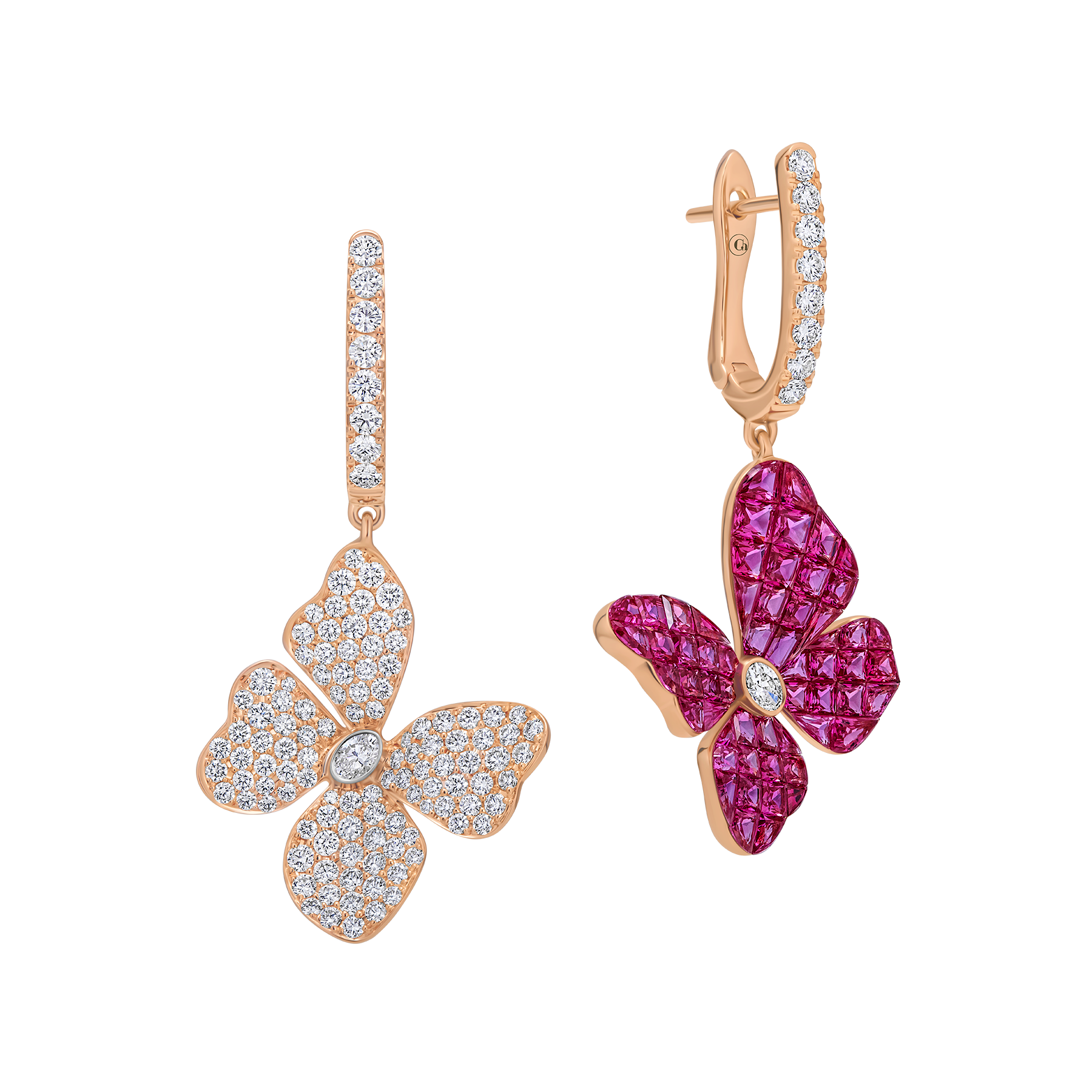 Серьги с рубинами и бриллиантами, розовое золото