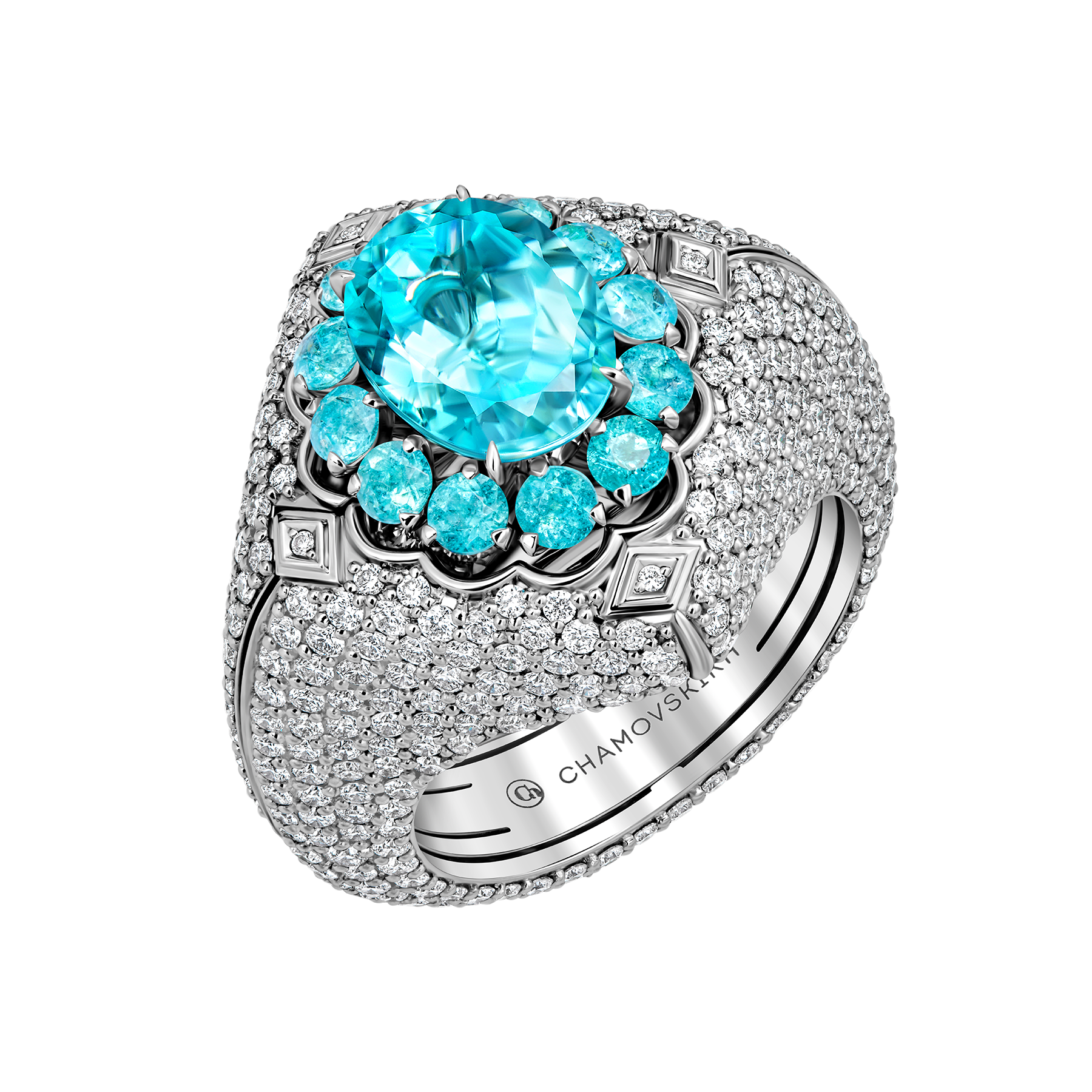 Кольцо с турмалином параибой и бриллиантами, белое золото