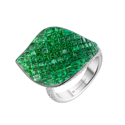 Кольцо с тсаворитами и бриллиантами, белое золото 1