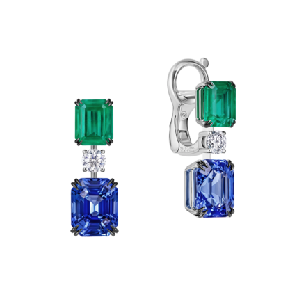 Серьги с сапфирами, изумрудами и бриллиантами, белое золото 1