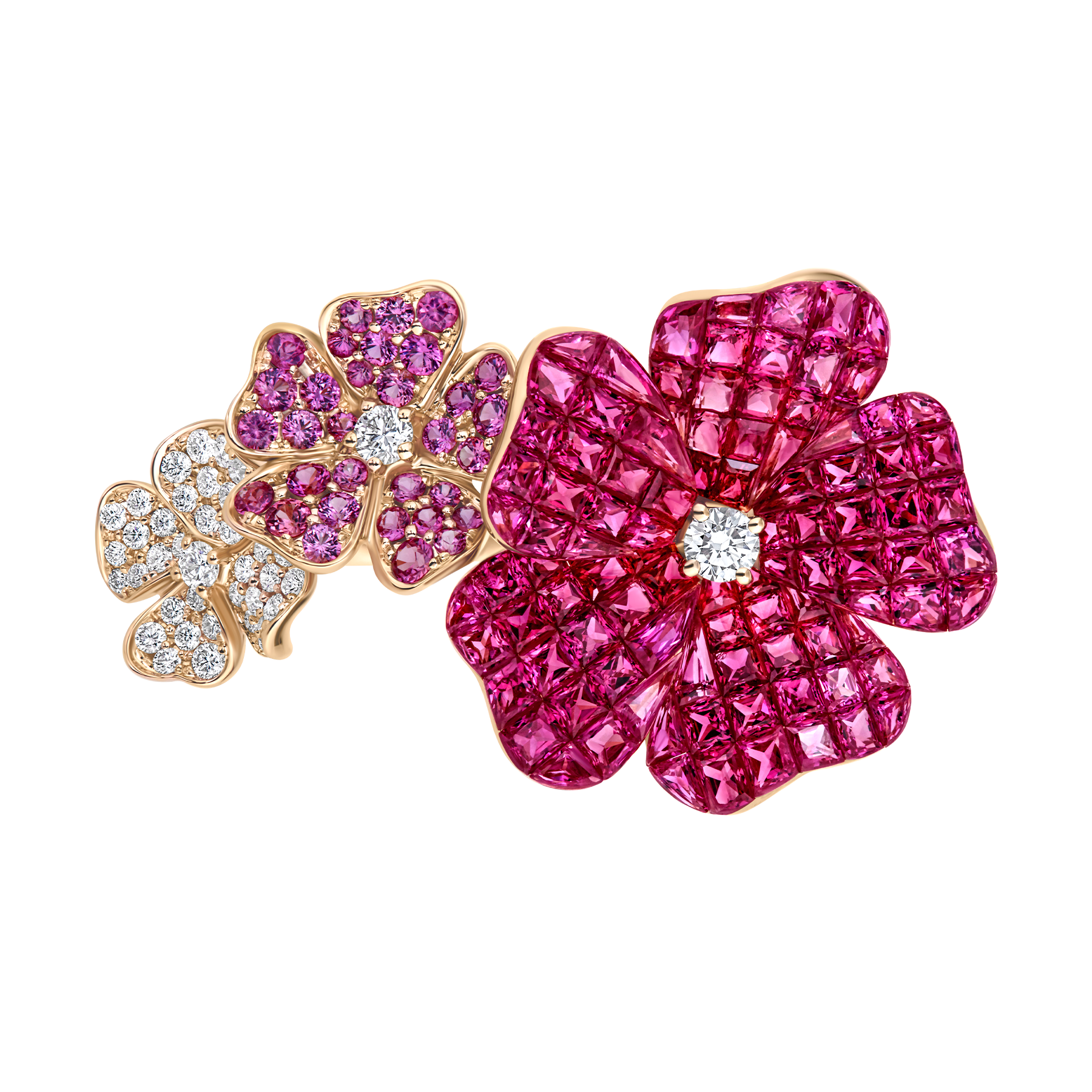 Кольцо с рубинами, розовыми сапфирами и бриллиантами, розовое золото