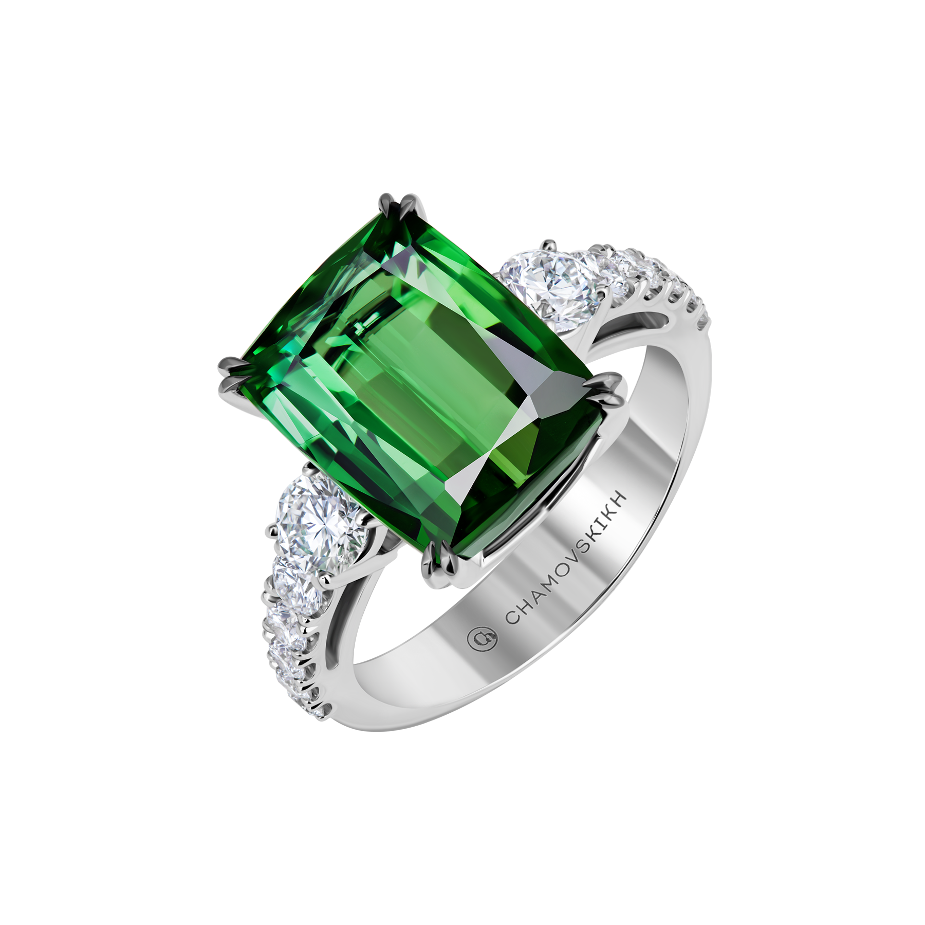Кольцо с турмалином верделитом и бриллиантами, белое золото