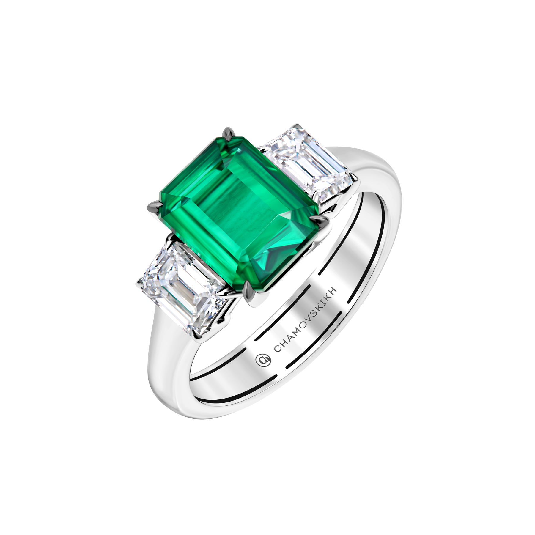 Кольцо с изумрудом и бриллиантами, белое золото