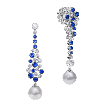 Пусеты с жемчугом, бриллиантами и сапфирами, белое золото 1