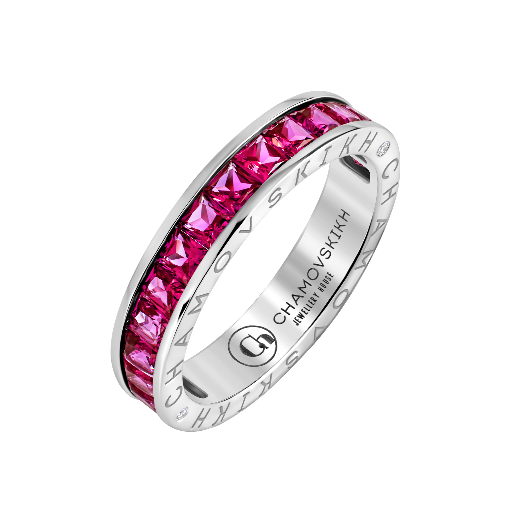 Кольцо с рубинами и бриллиантами, белое золото