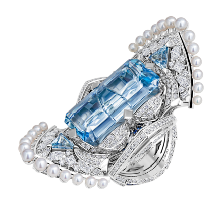 Кольцо с аквамарином, сапфирами, бриллиантами и жемчугом, белое золото 1