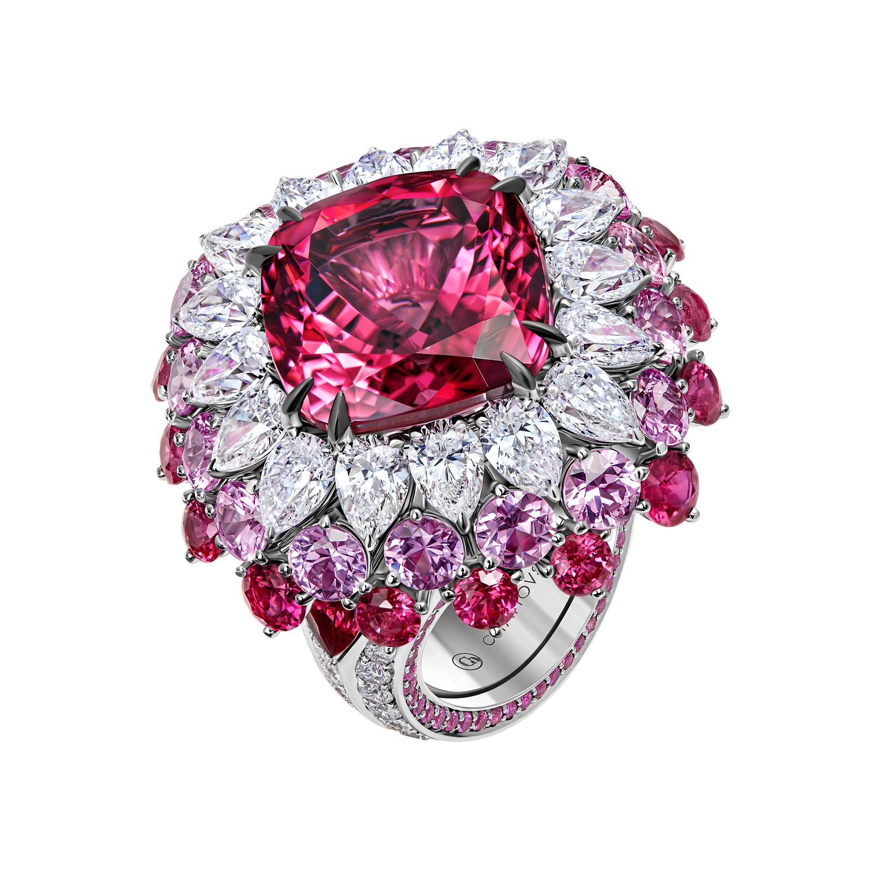 Кольцо с турмалином рубеллитом, рубинами, розовыми сапфирами и бриллиантами, белое золото