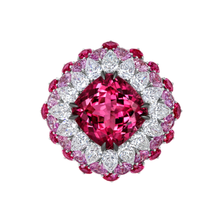 Кольцо с турмалином рубеллитом, рубинами, розовыми сапфирами и бриллиантами, белое золото 2