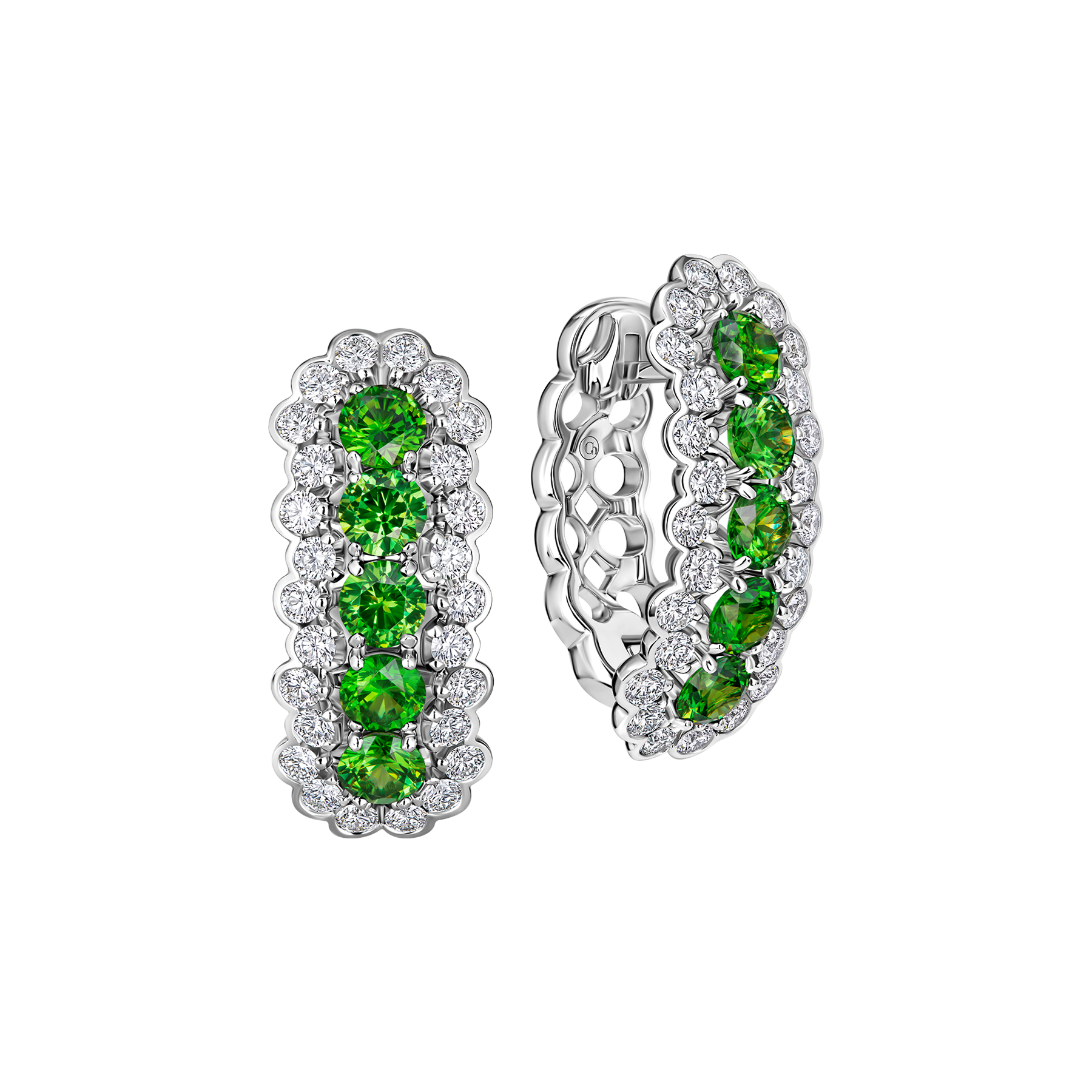 Серьги с демантоидами и бриллиантами, белое золото