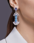 Серьги с аквамаринами, бриллиантами, сапфирами и жемчугом, белое золото, н.керамика