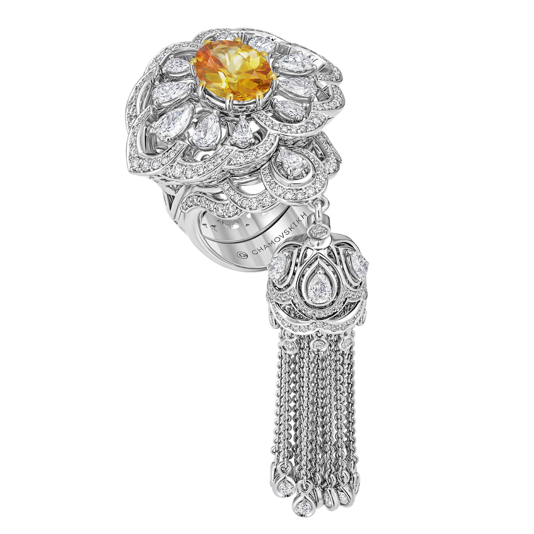 Кольцо с желтыми сапфирами и бриллиантами, белое золото