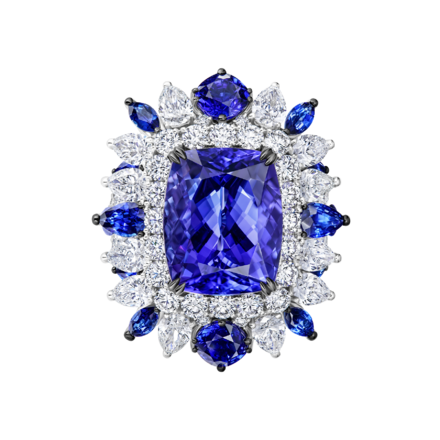 Кольцо с танзанитом, бриллиантами и сапфирами, белое золото 2
