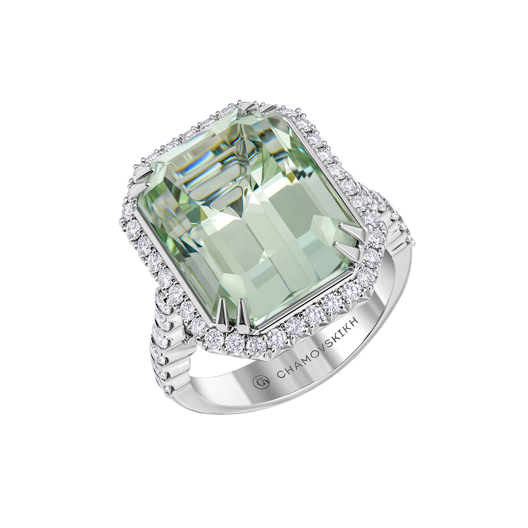 Кольцо с бериллом и бриллиантами, белое золото