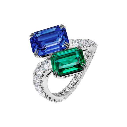 Кольцо с сапфиром, изумрудом и бриллиантами, белое золото 1
