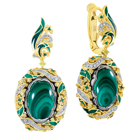 Серьги с малахитами, бриллиантами, сапфирами и изумрудами, н.керамика 1