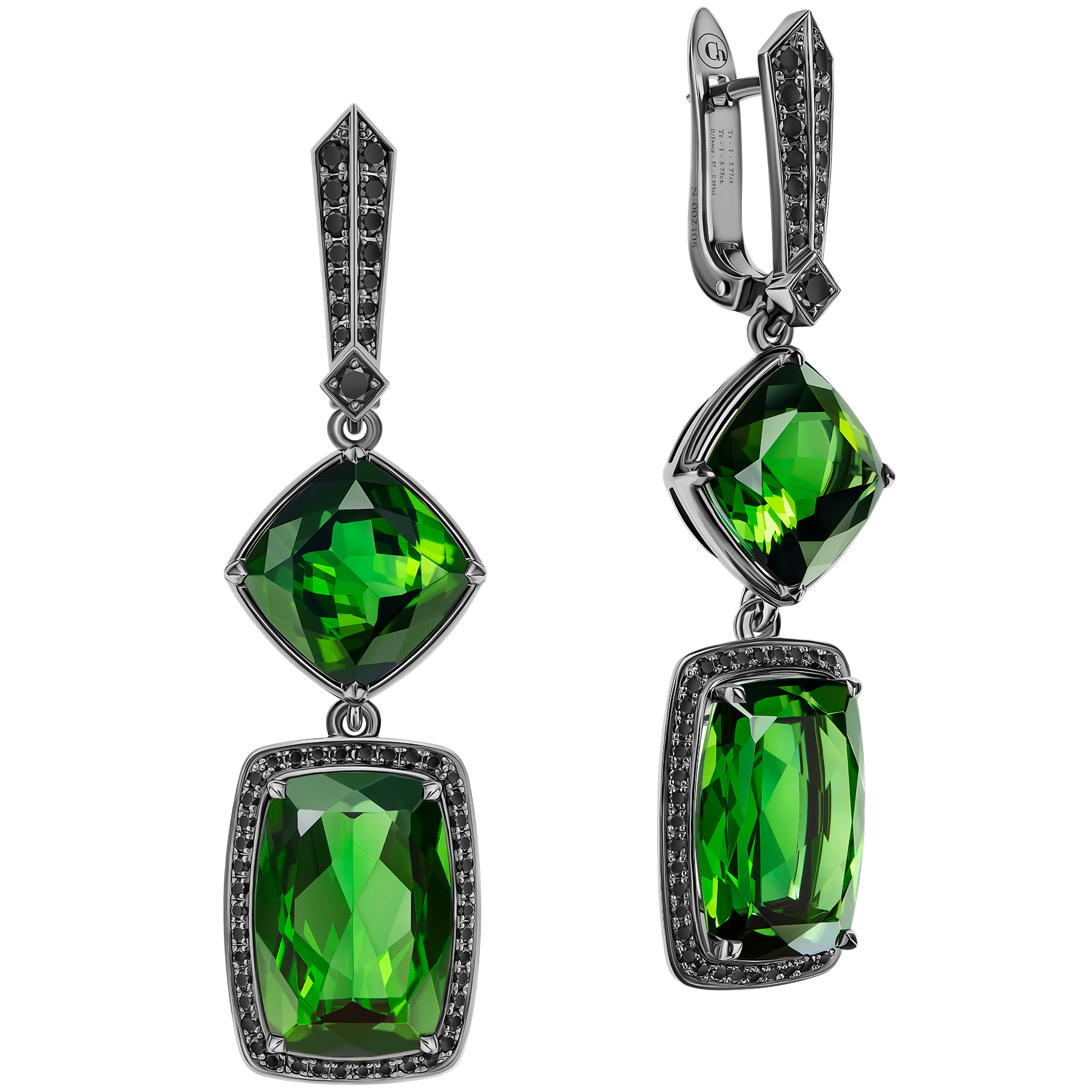 Серьги с верделитами и чёрными бриллиантами, белое золото, чернение