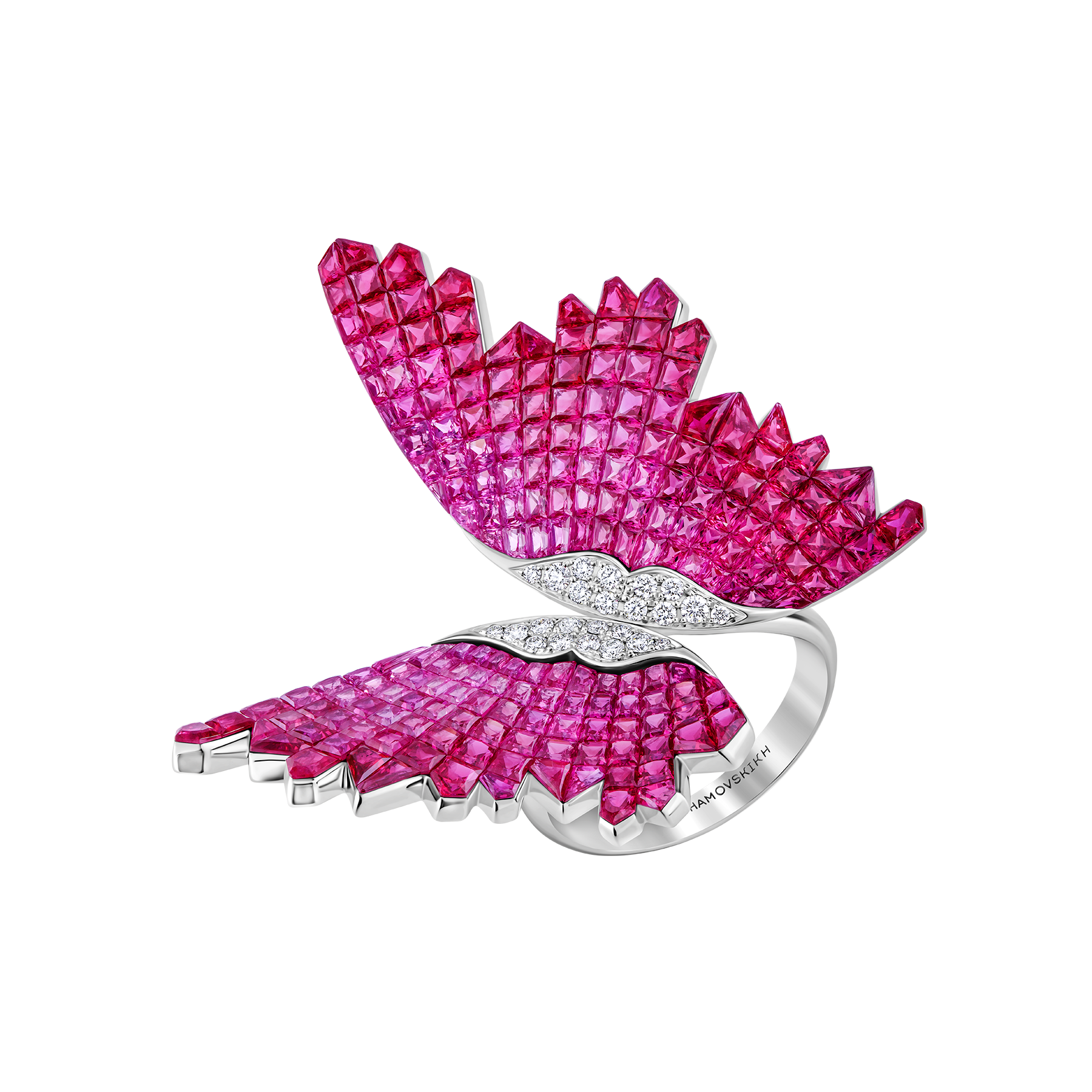 Кольцо с рубинами и бриллиантами, белое золото