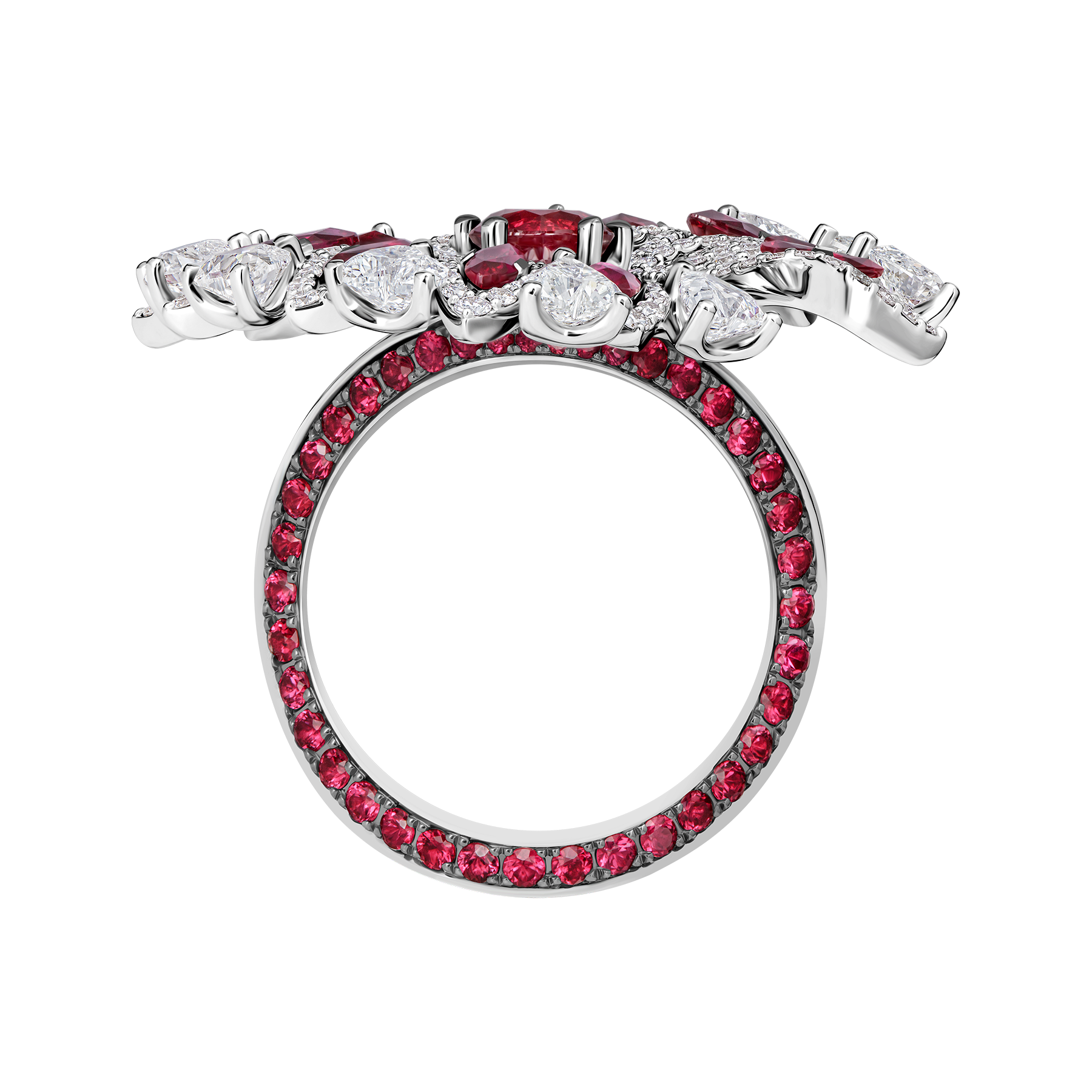 Кольцо с рубинами и бриллиантами, белое золото